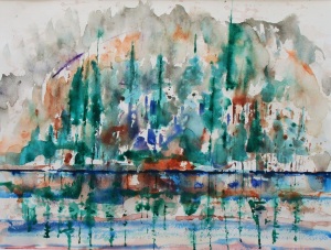 Colorful watercolor depiction of Wrights Lake